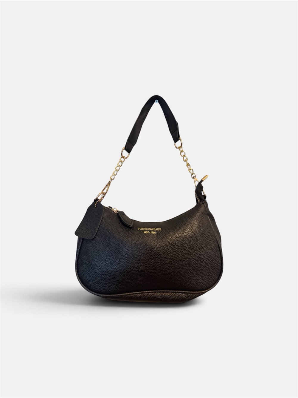 Black Pebbled Shoulder Bag with Gold Chain Accent
